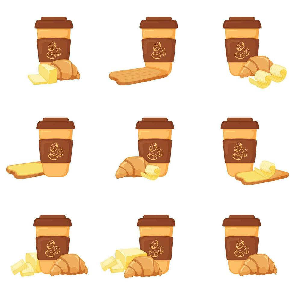 French croissant with coffee cup, breakfast butter bakery product icon, concept cartoon organic beverage food vector illustration, isolated on white.