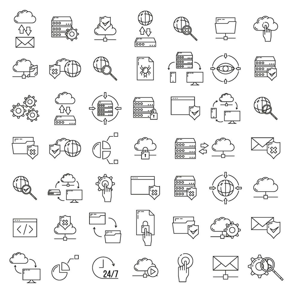 Set of online database cloud computer technology icon, remote data storage, protect information outline flat vector illustration, isolated on white.