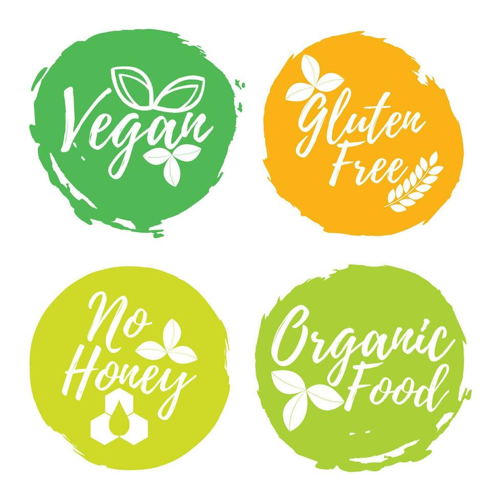 conjunto de sano y orgánico comida etiqueta. fuente con cepillar. comida intolerancia símbolos y insignias vector ilustración icono