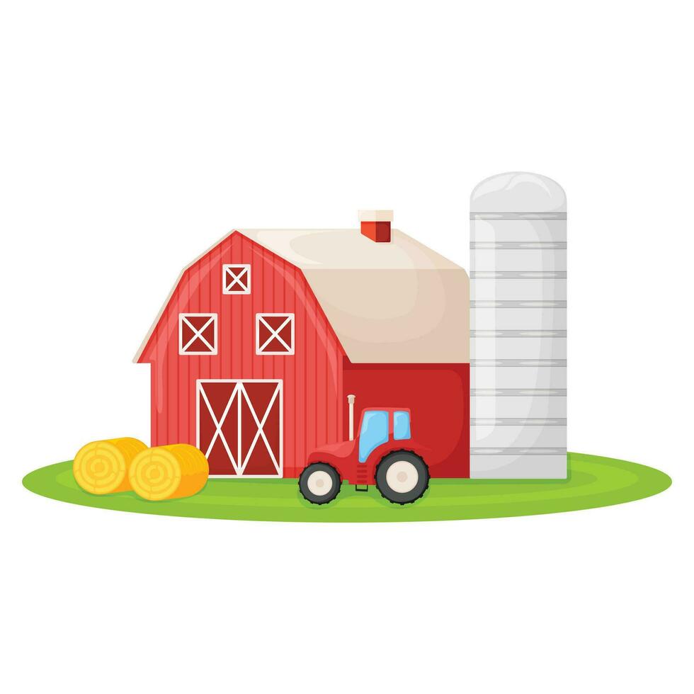 Country house with red barn, farmer tractor and granary building on green farm field plot cartoon vector illustration, isolated on white.