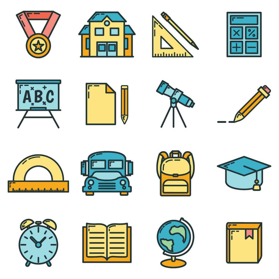 Concept set back to school icon, 16 stationery education item educational institution process, flat outline vector illustration, isolated on white.