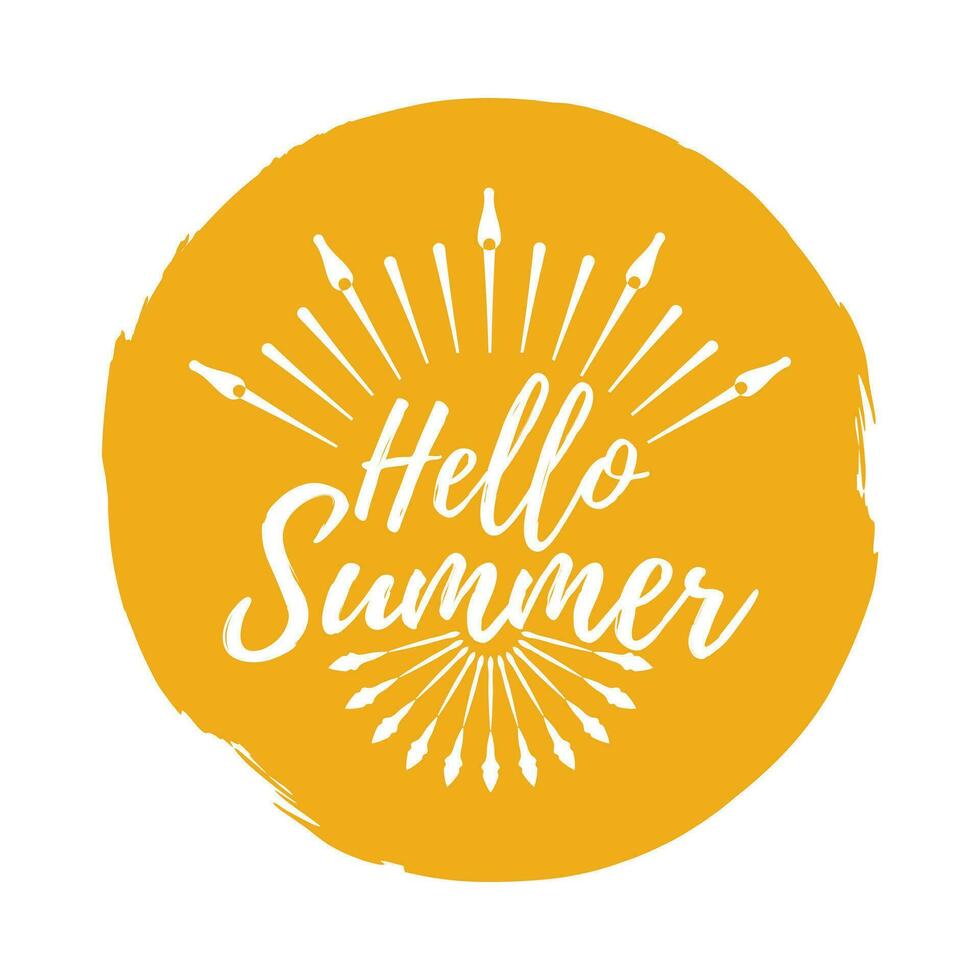 Hello Summer label. Font with Brush. Summer and Beach badges. Vector illustration icon with Sunburst