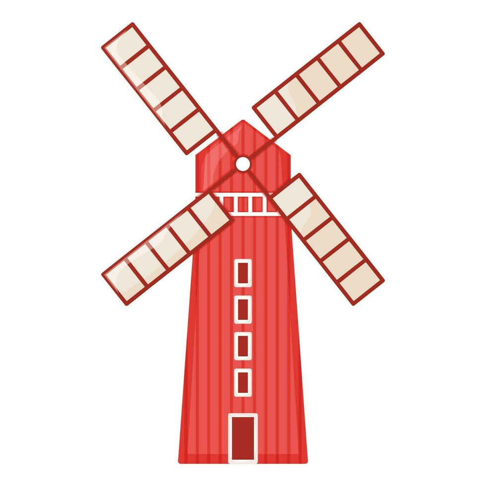 Concept country house red mill building, modern farm barn on green farm field plot cartoon vector illustration, isolated on white.