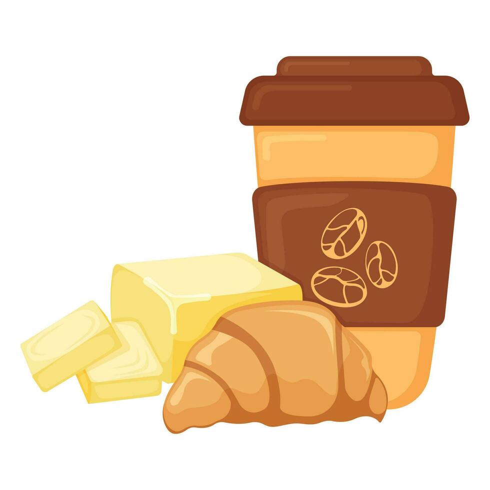 French croissant with coffee cup, breakfast butter bakery product icon, concept cartoon organic beverage food vector illustration, isolated on white.