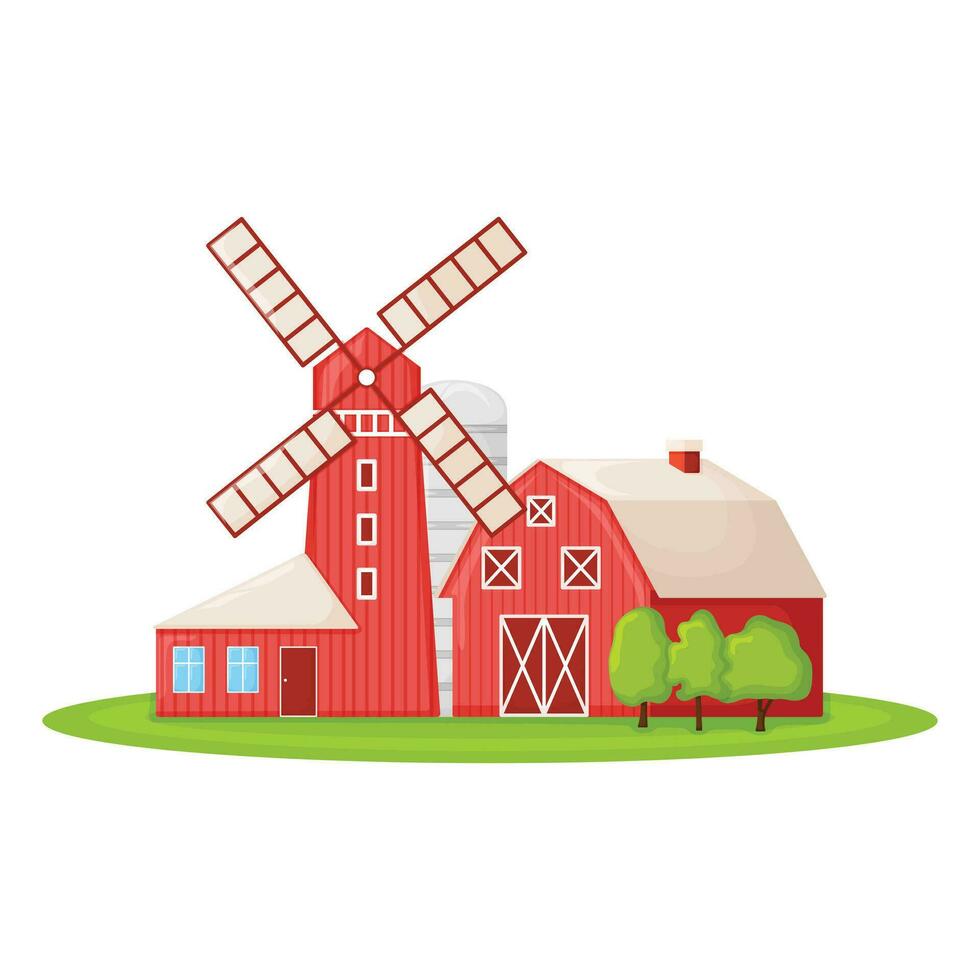 Country house with red mill, farm barn and granary building on green farm field plot cartoon vector illustration, isolated on white.