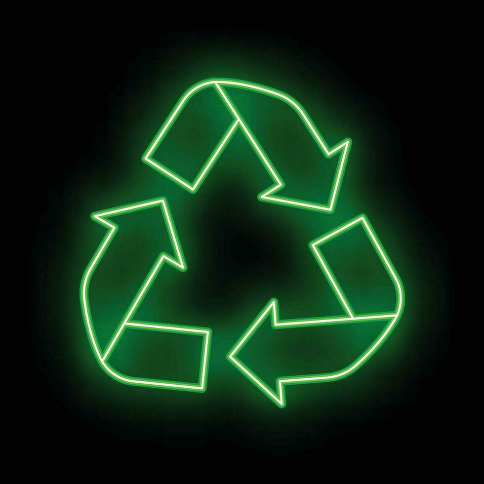 Eco friendly alternative energy source and waste recycling icon, concept green eco earth glow neon flat vector illustration, isolated on black.