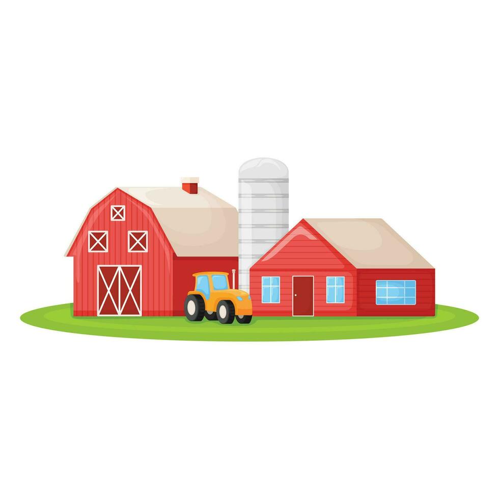 Country house with red barn, farmer tractor and granary building on green farm field plot cartoon vector illustration, isolated on white.