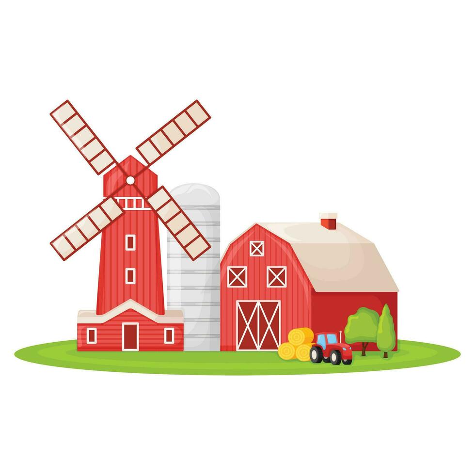 Country house with red mill, farm barn and granary building on green farm field plot cartoon vector illustration, isolated on white.