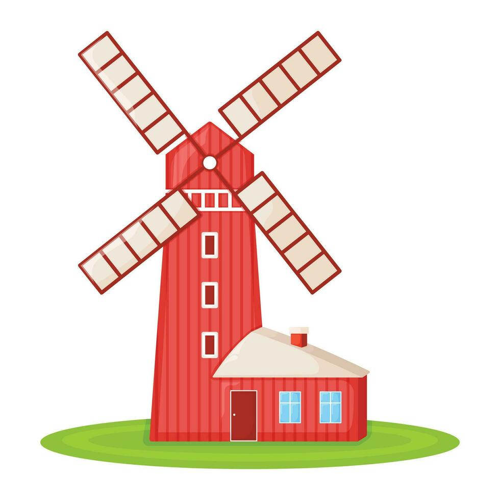 Country house with red mill, farm barn and granary building on green farm field plot cartoon vector illustration, isolated on white.