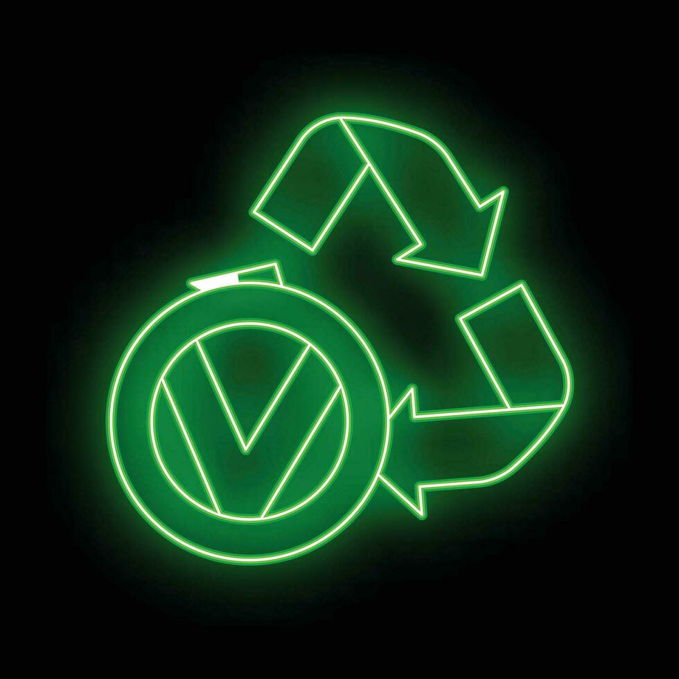 Eco friendly alternative energy source and waste recycling icon, concept green eco earth glow neon flat vector illustration, isolated on black.