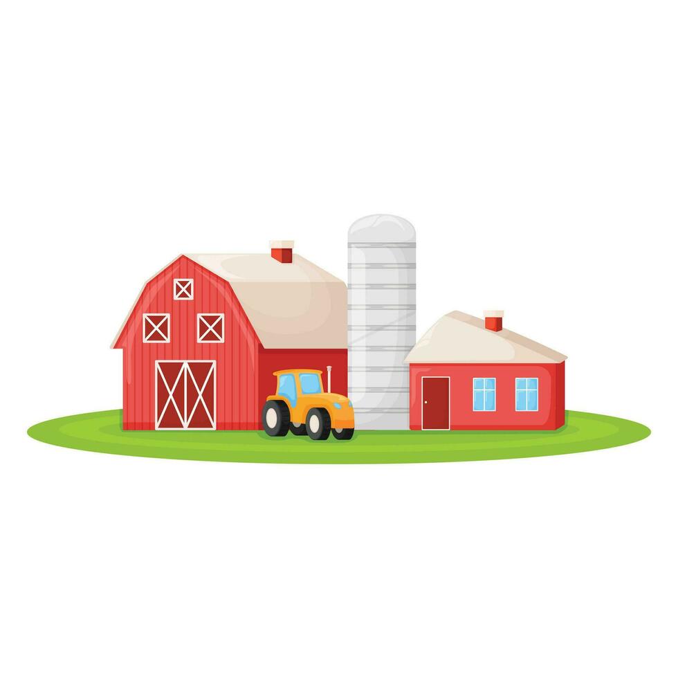 Country house with red barn, farmer tractor and granary building on green farm field plot cartoon vector illustration, isolated on white.