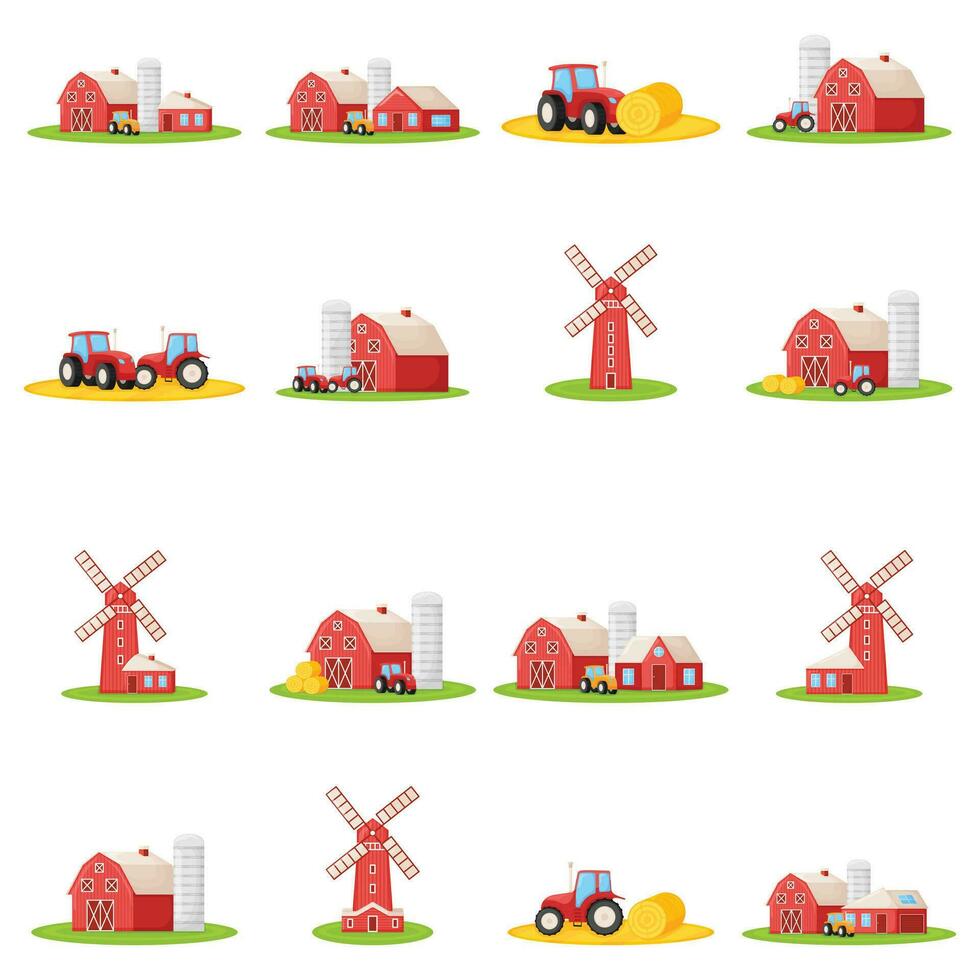 Set of country house with red barn, mill, farmer tractor and granary building on green farm field plot cartoon vector illustration, isolated on white.