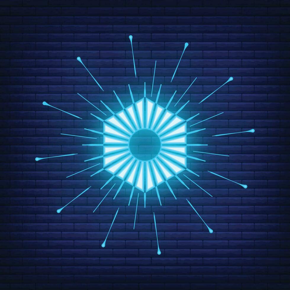 Retro design light sunburst neon style glow geometric shape, vintage rays sunlight explosion icon concept vector illustration, isolated on black wall.