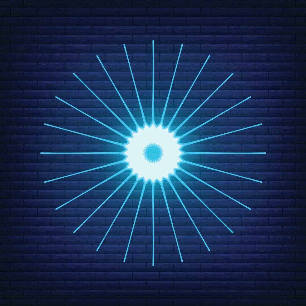 Retro design light sunburst neon style glow geometric shape, vintage rays sunlight explosion icon concept vector illustration, isolated on black wall.