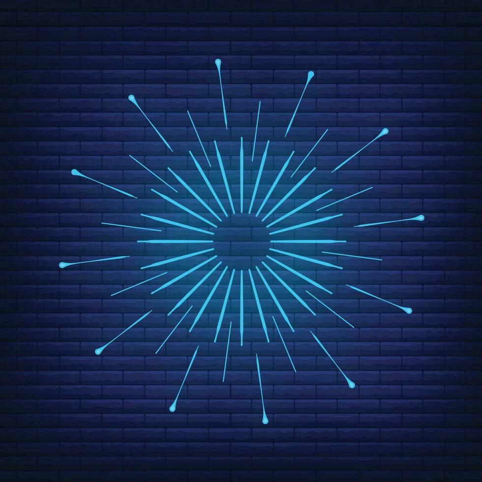 Retro design light sunburst neon style glow geometric shape, vintage rays sunlight explosion icon concept vector illustration, isolated on black wall.