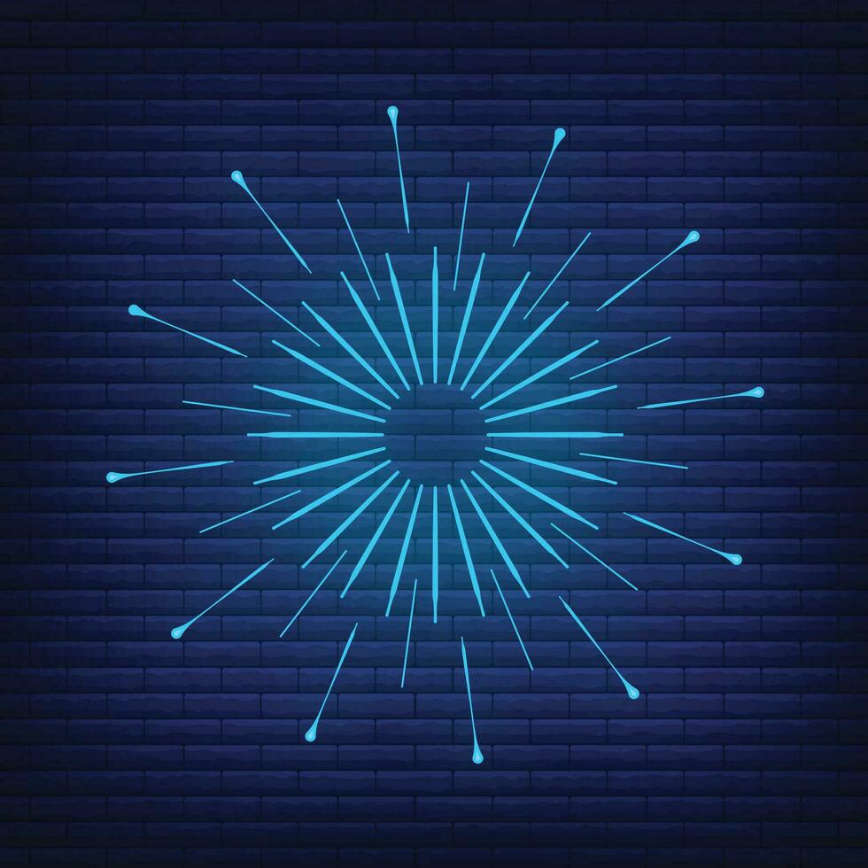 Retro design light sunburst neon style glow geometric shape, vintage rays sunlight explosion icon concept vector illustration, isolated on black wall.