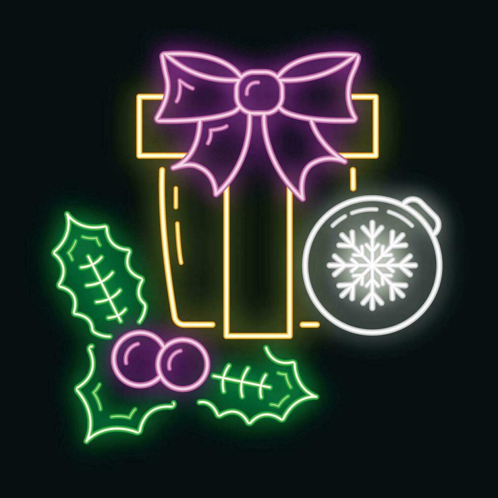 concepto contento nuevo año y alegre Navidad neón resplandor estilo icono, Navidad etiqueta fiesta invierno hora plano vector ilustración, aislado en negro.