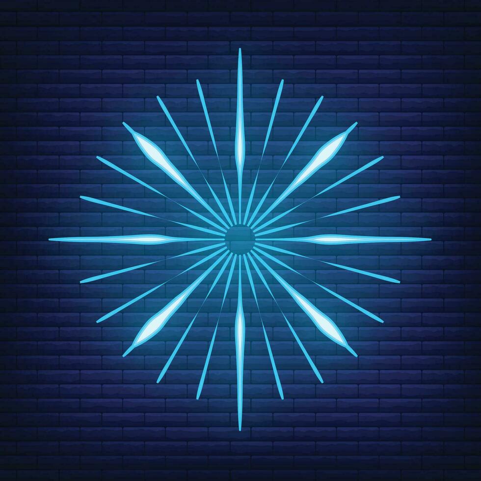 Retro design light sunburst neon style glow geometric shape, vintage rays sunlight explosion icon concept vector illustration, isolated on black wall.