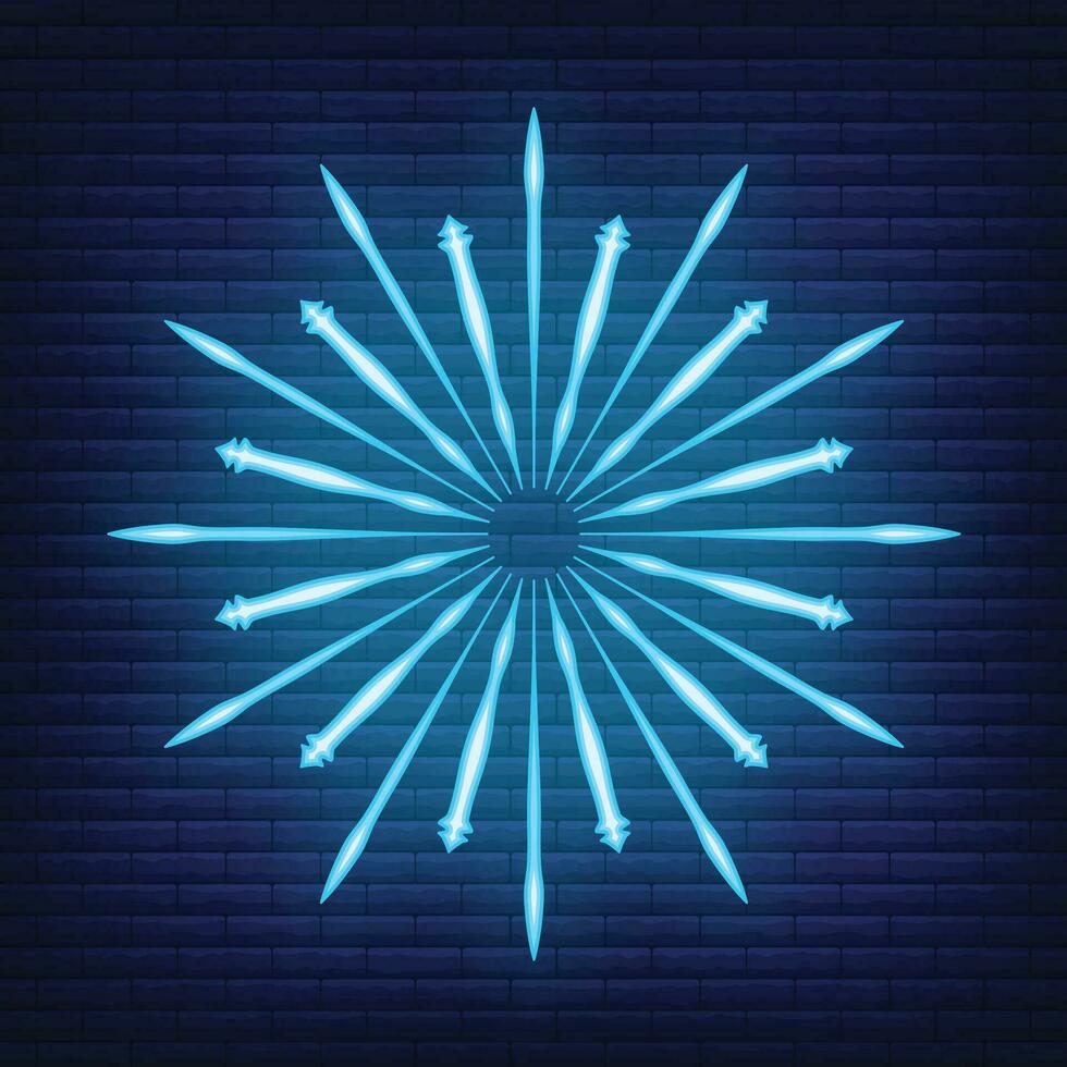 Retro design light sunburst neon style glow geometric shape, vintage rays sunlight explosion icon concept vector illustration, isolated on black wall.