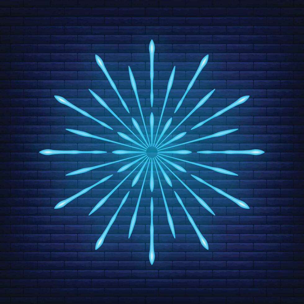 Retro design light sunburst neon style glow geometric shape, vintage rays sunlight explosion icon concept vector illustration, isolated on black wall.
