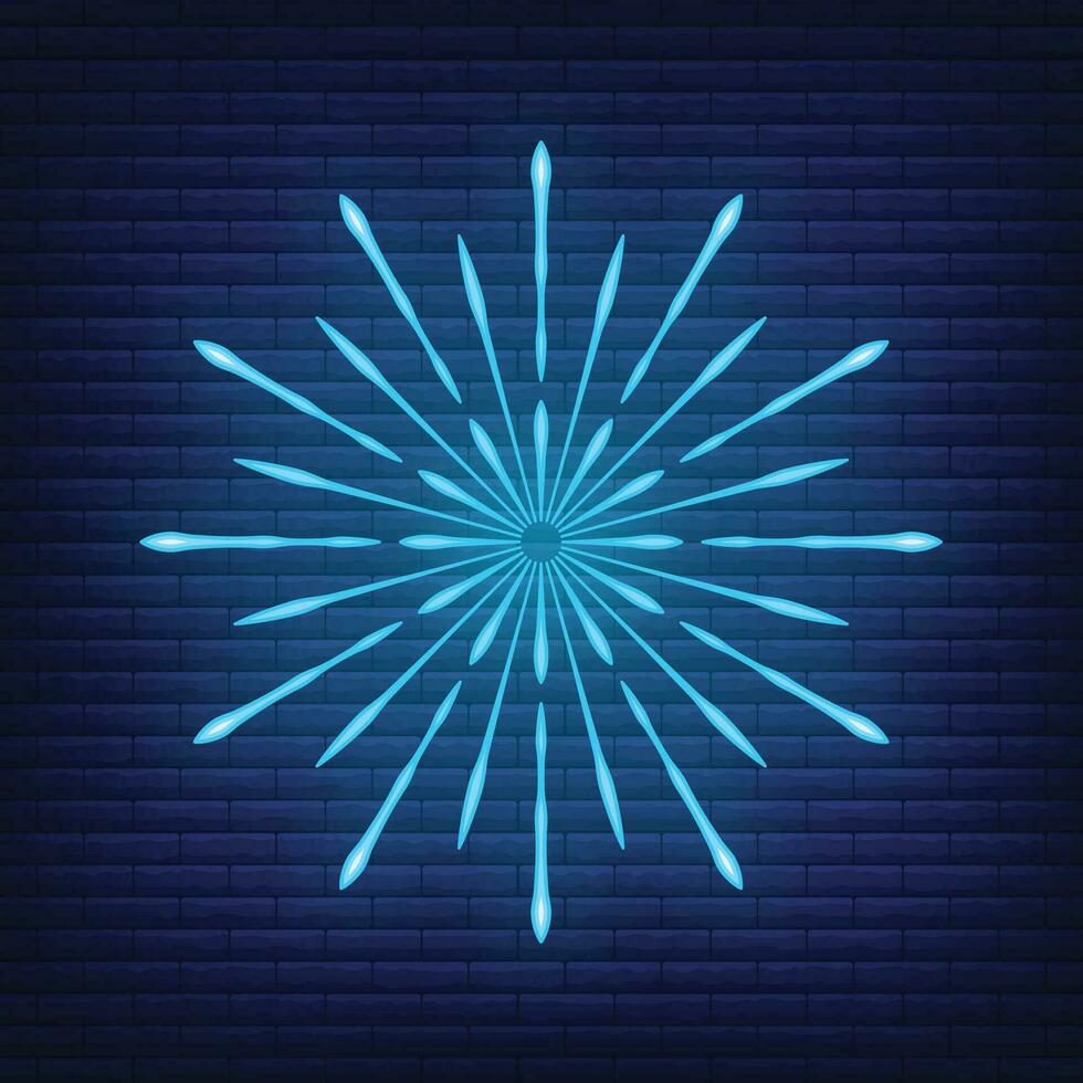 Retro design light sunburst neon style glow geometric shape, vintage rays sunlight explosion icon concept vector illustration, isolated on black wall.