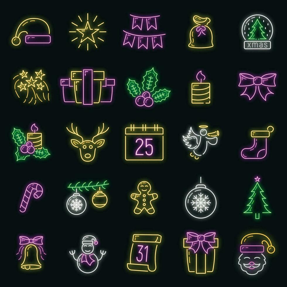 concepto contento nuevo año y alegre Navidad neón resplandor estilo icono, Navidad etiqueta fiesta invierno hora plano vector ilustración, aislado en negro.