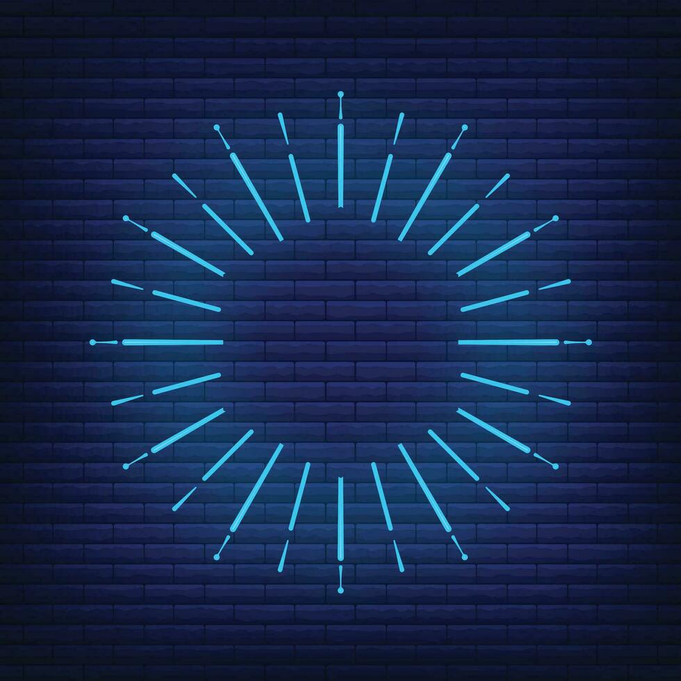 Retro design light sunburst neon style glow geometric shape, vintage rays sunlight explosion icon concept vector illustration, isolated on black wall.