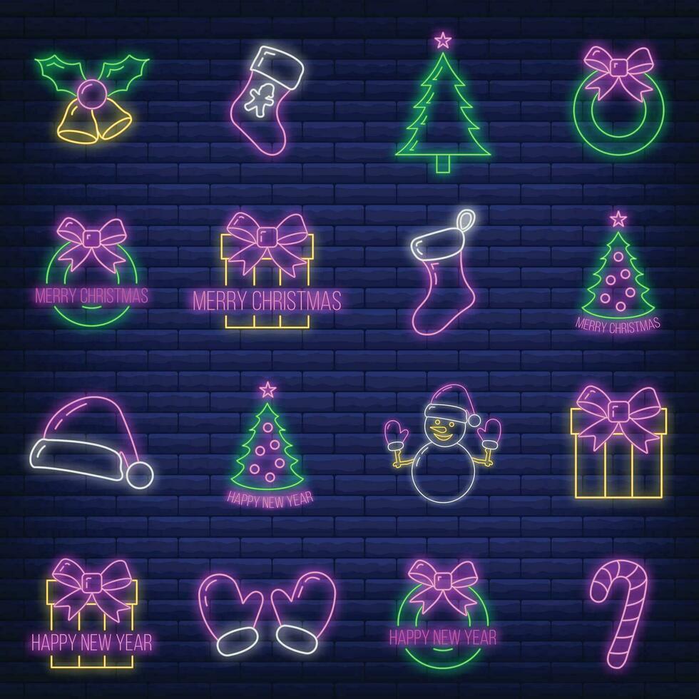 Concept set of christmas 16 icon, neon glow style, happy new year and merry christmas flat vector illustration, isolated on brick black.