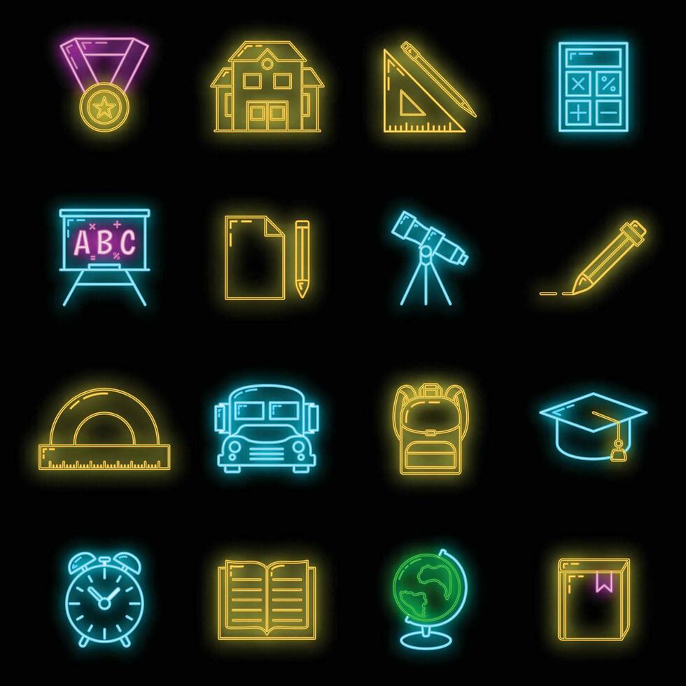 Concept set back to school neon glow icon, 16 stationery education item educational process, flat outline vector illustration, isolated on black.