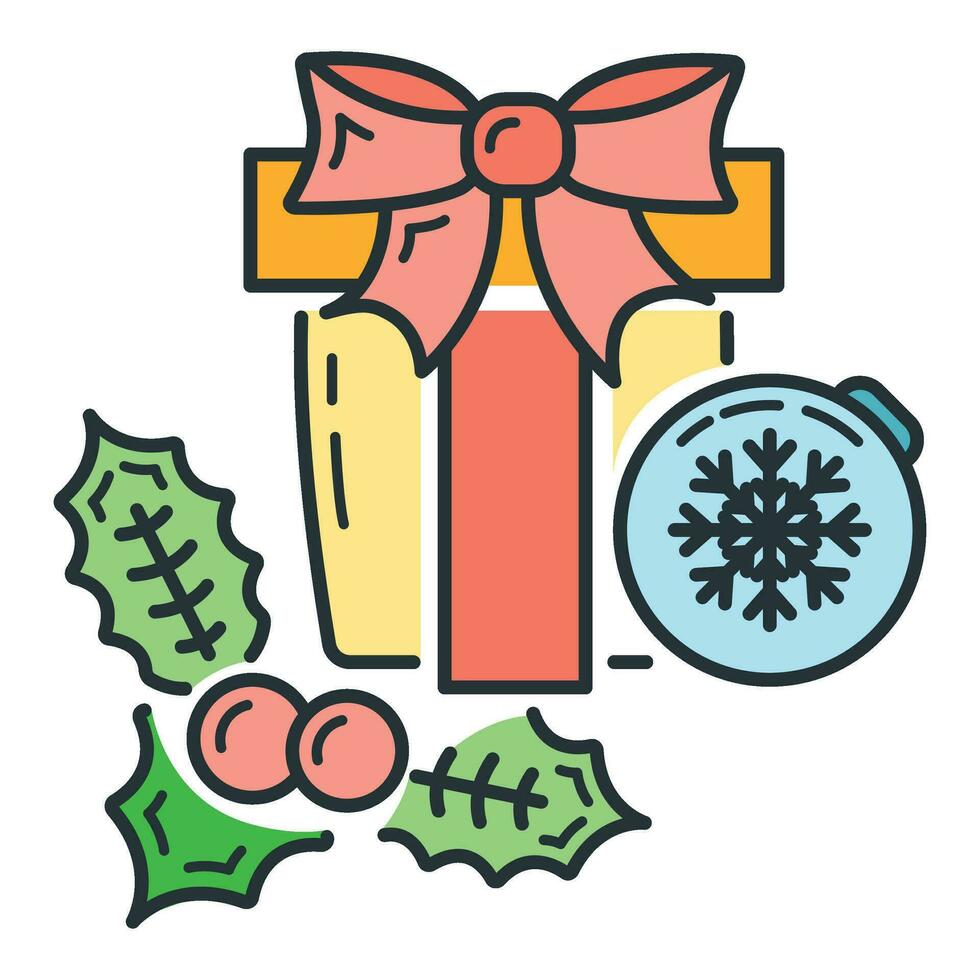 Concept happy new year and merry christmas line cartoon icon, xmas label holiday winter time flat vector illustration, isolated on white.
