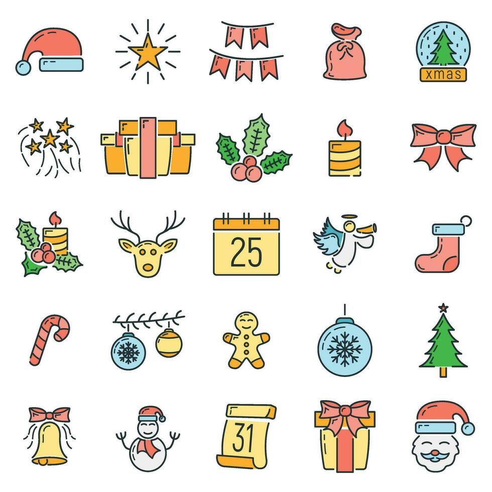 concepto contento nuevo año y alegre Navidad línea dibujos animados icono, Navidad etiqueta fiesta invierno hora plano vector ilustración, aislado en blanco.
