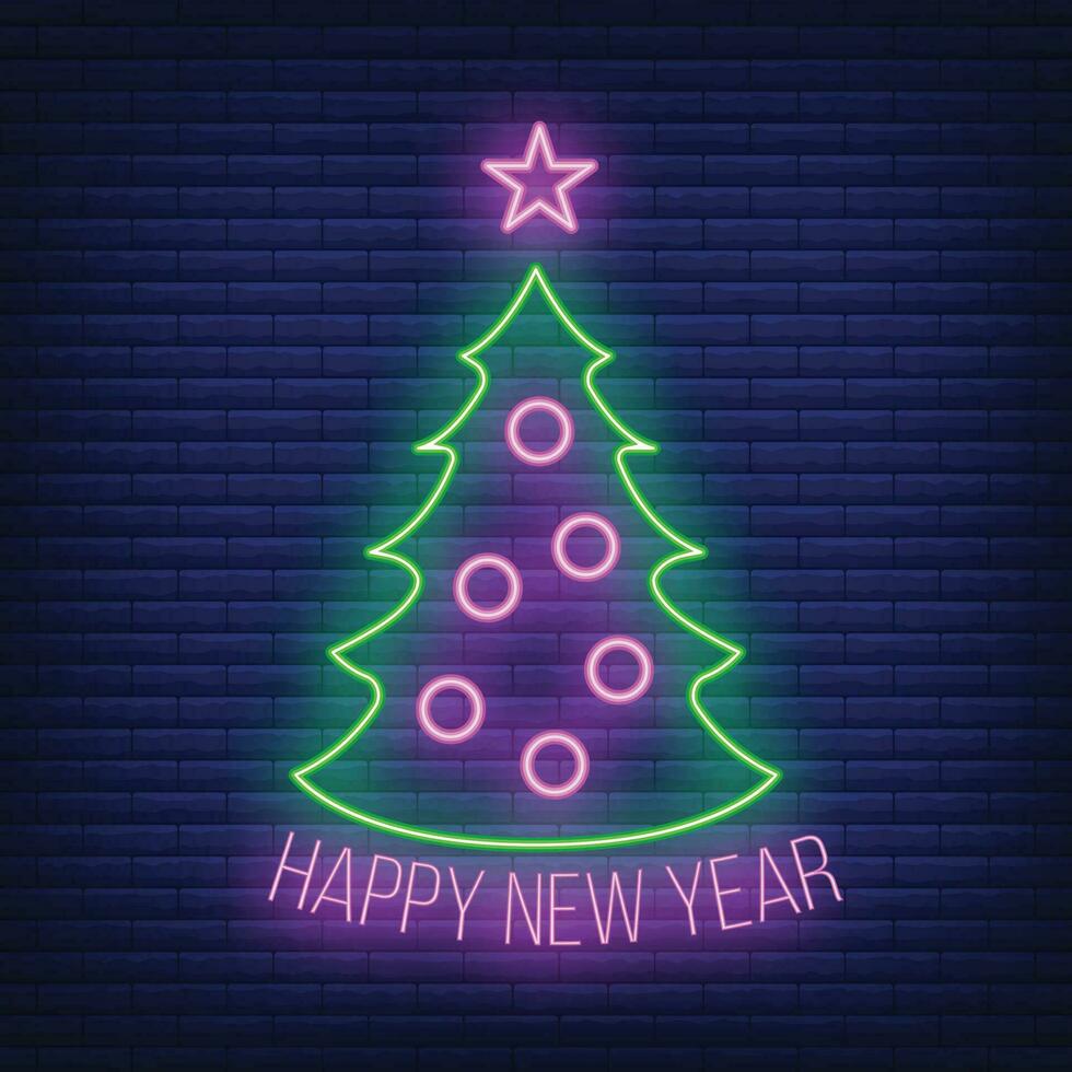 Concept christmas fir tree icon with star green neon glow style, happy new year and merry christmas flat vector illustration, isolated on brick black.