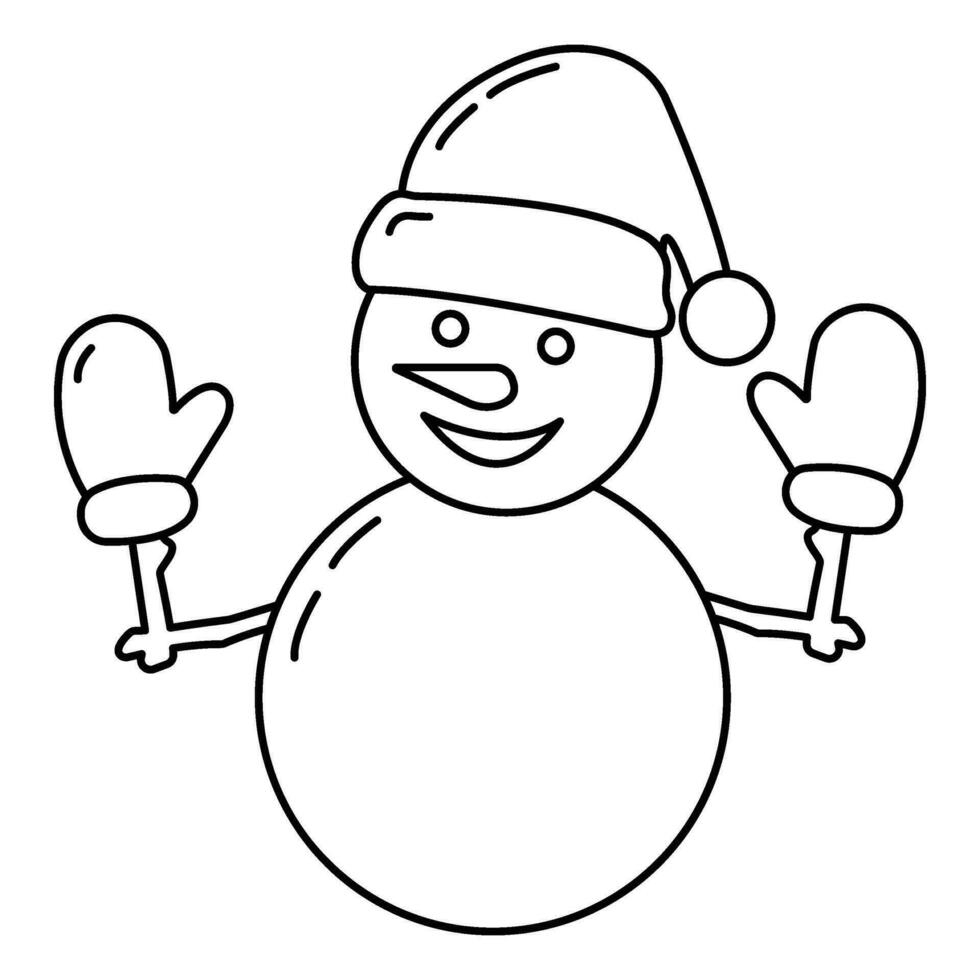 Concept christmas cheerful snowman in hat icon outline style, happy new year and merry christmas flat vector illustration, isolated on white.