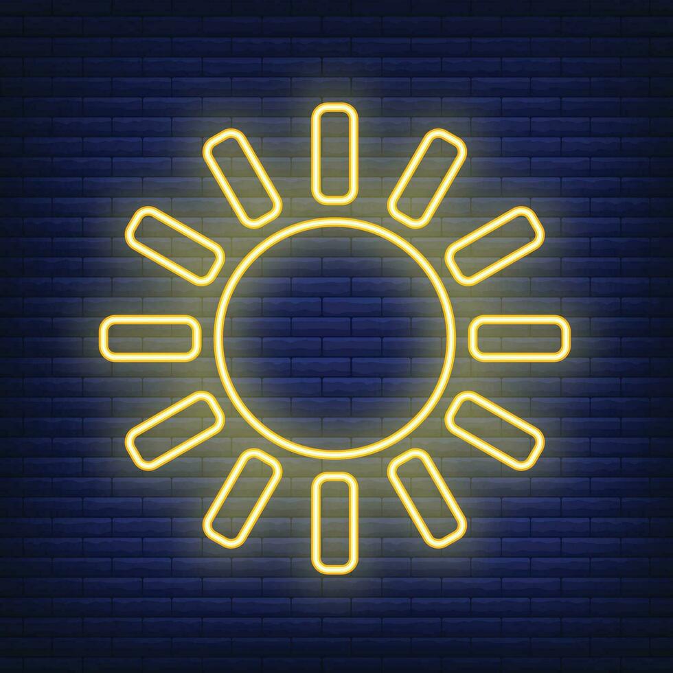 Sun icon glow neon style, concept weather condition outline flat vector illustration, isolated on black. Brick background.