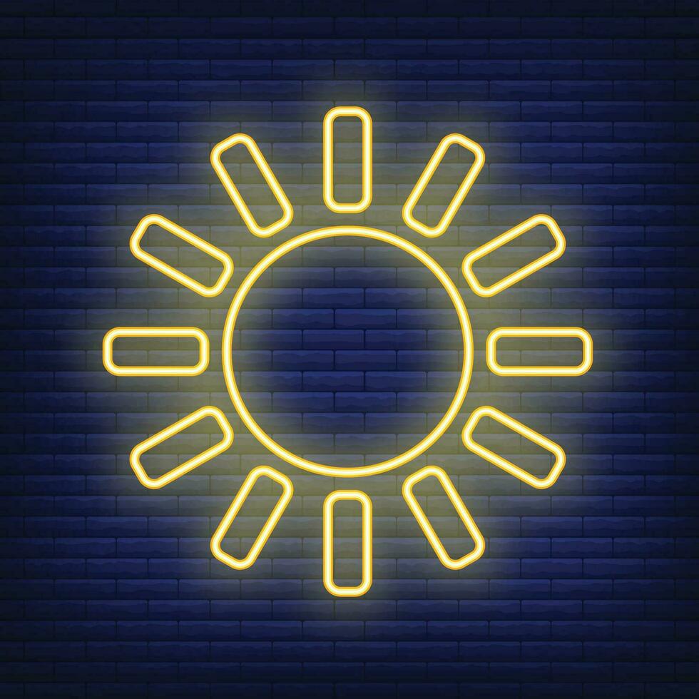 Sun icon glow neon style, concept weather condition outline flat vector illustration, isolated on black. Brick background.