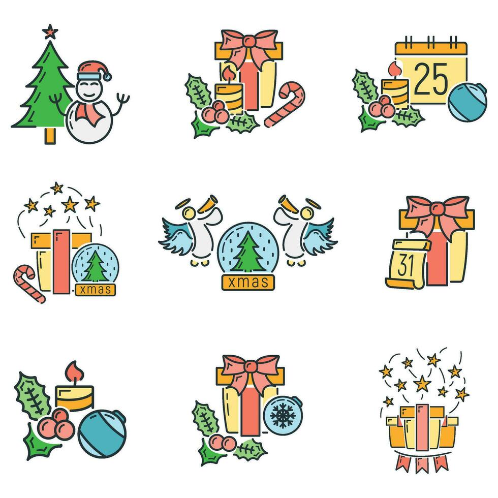 Concept happy new year and merry christmas line cartoon icon, xmas label holiday winter time flat vector illustration, isolated on white.