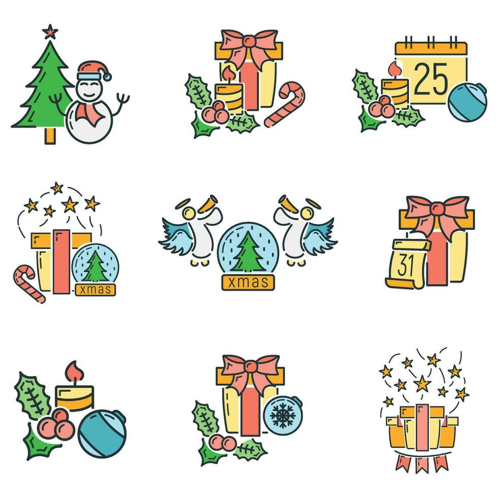 concepto contento nuevo año y alegre Navidad línea dibujos animados icono, Navidad etiqueta fiesta invierno hora plano vector ilustración, aislado en blanco.