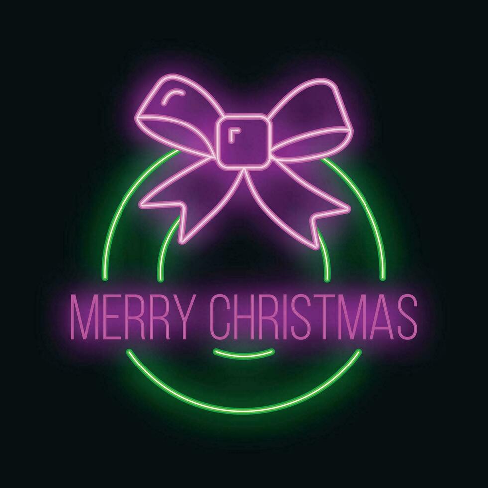 Concept christmas wreath icon green neon glow style, happy new year and merry christmas flat vector illustration, isolated on black.