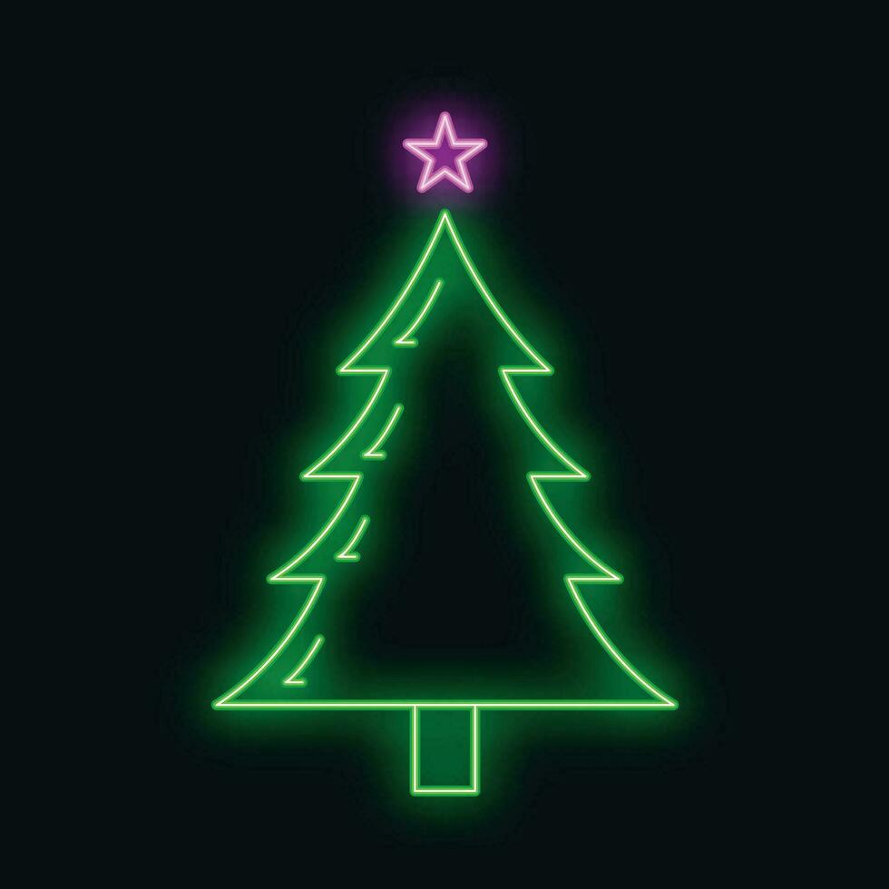 Concept christmas fir tree icon with star green neon glow style, happy new year and merry christmas flat vector illustration, isolated on black.