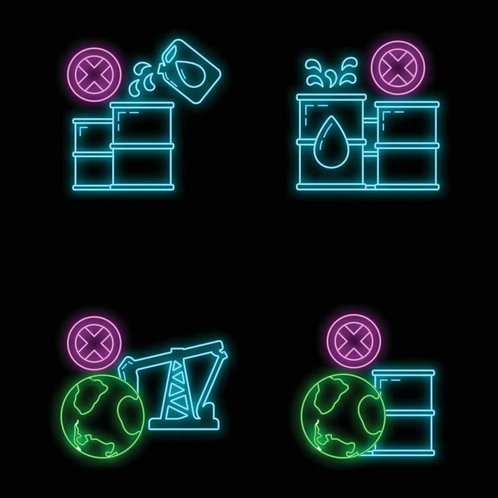 Stop use barrel oil industry, world oil pollution by petroleum concept icon, green eco earth glow neon flat vector illustration, isolated on white.