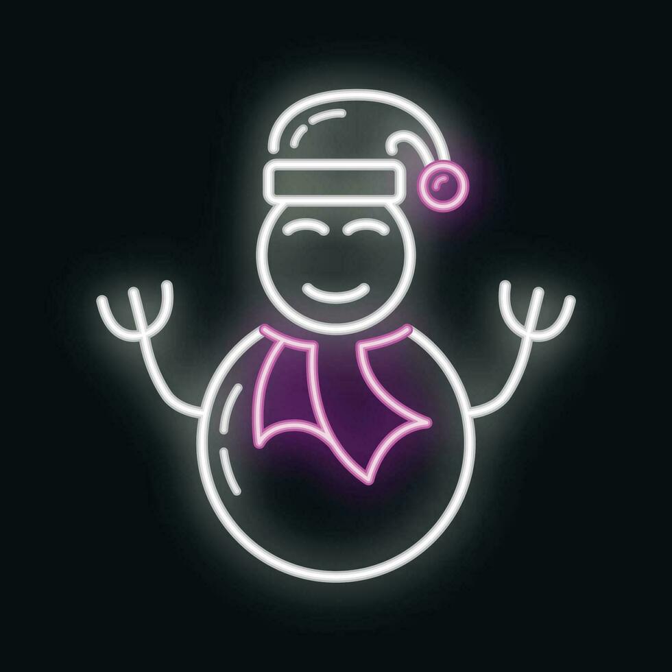 Concept happy new year, merry christmas snowman icon, neon glow xmas label holiday winter time flat vector illustration, isolated on black.