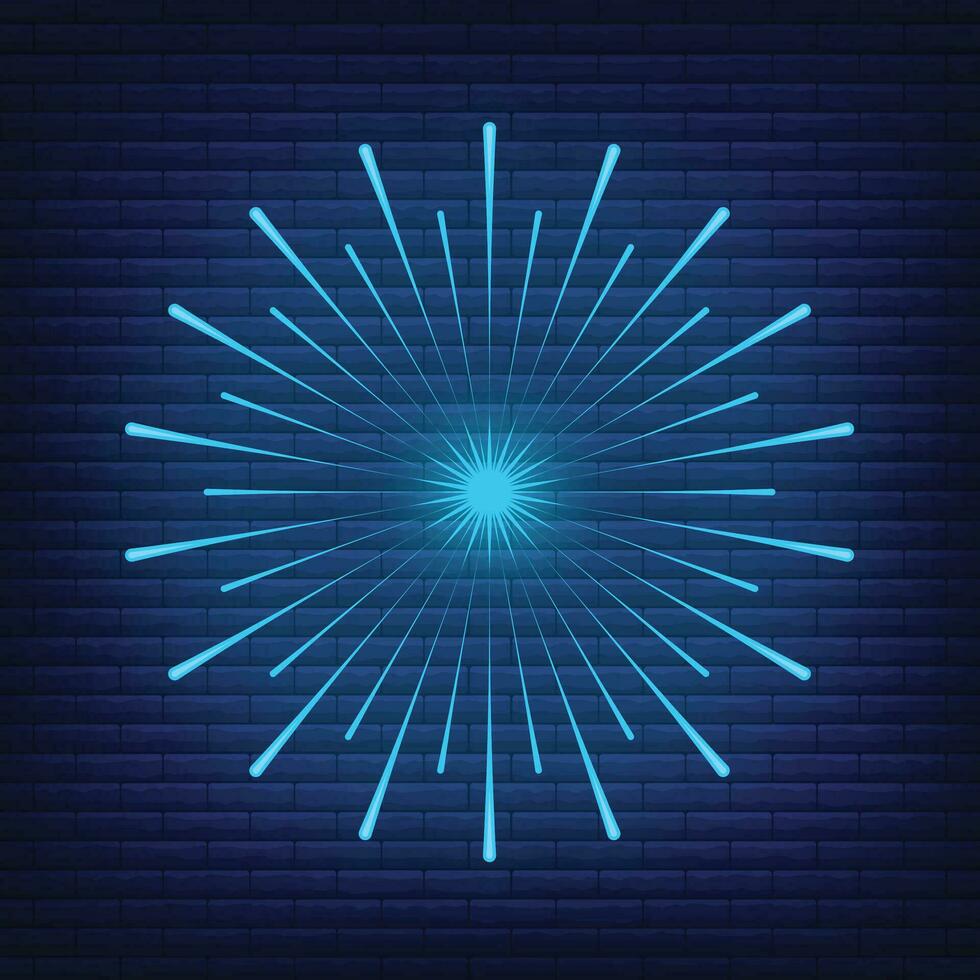 Retro design light sunburst neon style glow geometric shape, vintage rays sunlight explosion icon concept vector illustration, isolated on black wall.