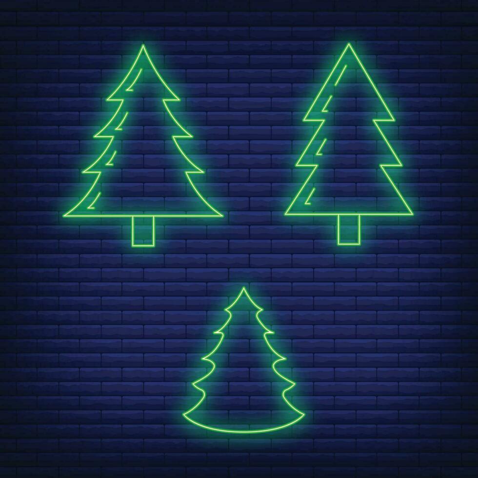 Concept christmas fir tree icon green neon glow style, happy new year, merry christmas flat vector illustration, isolated on black.