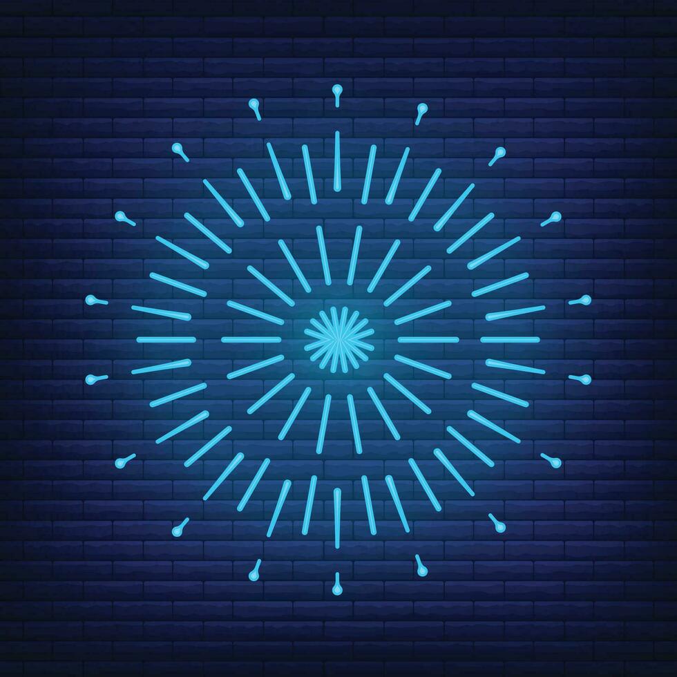 Retro design light sunburst neon style glow geometric shape, vintage rays sunlight explosion icon concept vector illustration, isolated on black wall.
