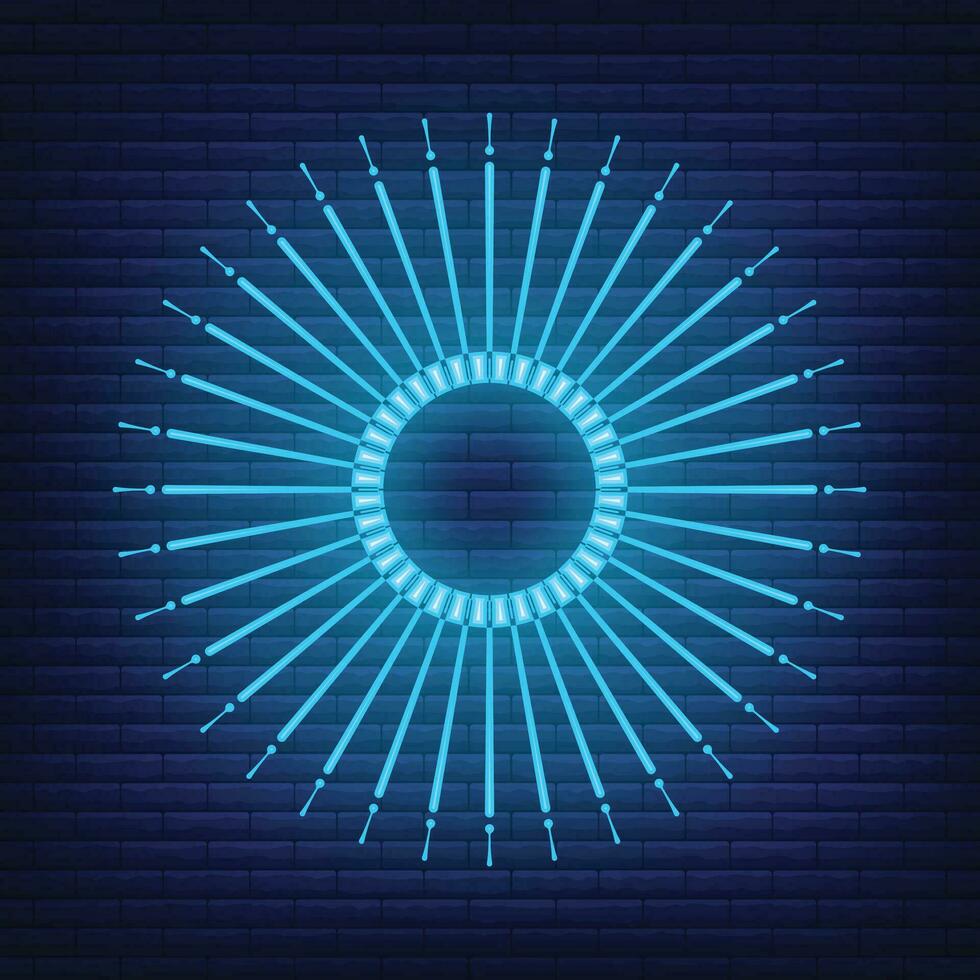 Retro design light sunburst neon style glow geometric shape, vintage rays sunlight explosion icon concept vector illustration, isolated on black wall.