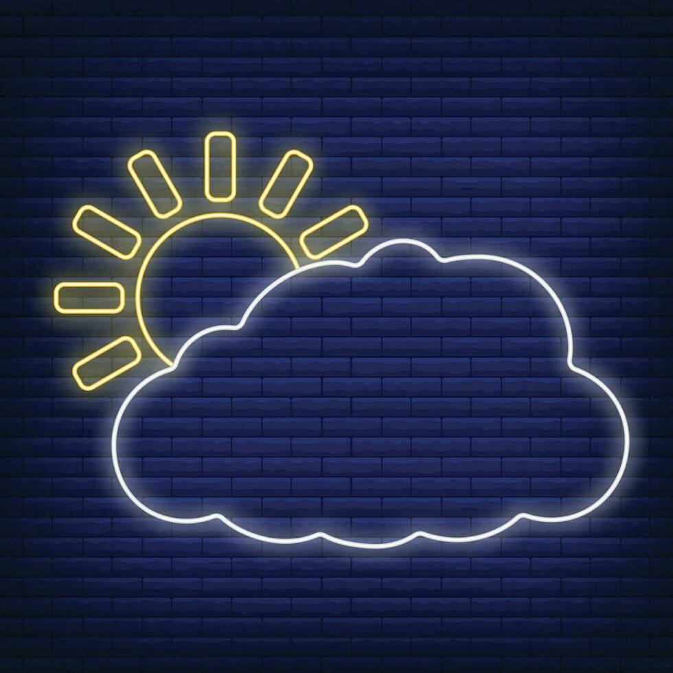 Sun with cloud icon glow neon style, concept weather condition outline flat vector illustration, isolated on black. Brick background.