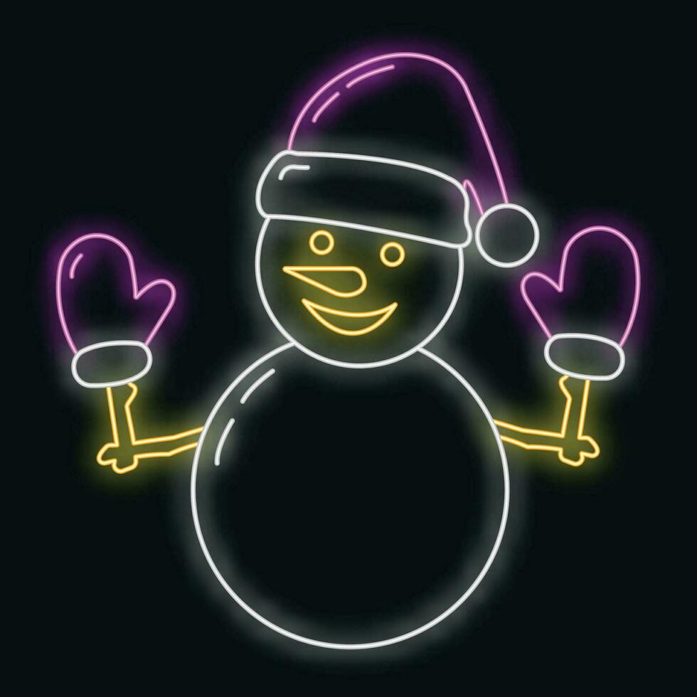 Concept christmas cheerful snowman in hat icon neon glow style, happy new year and merry christmas flat vector illustration, isolated on black.