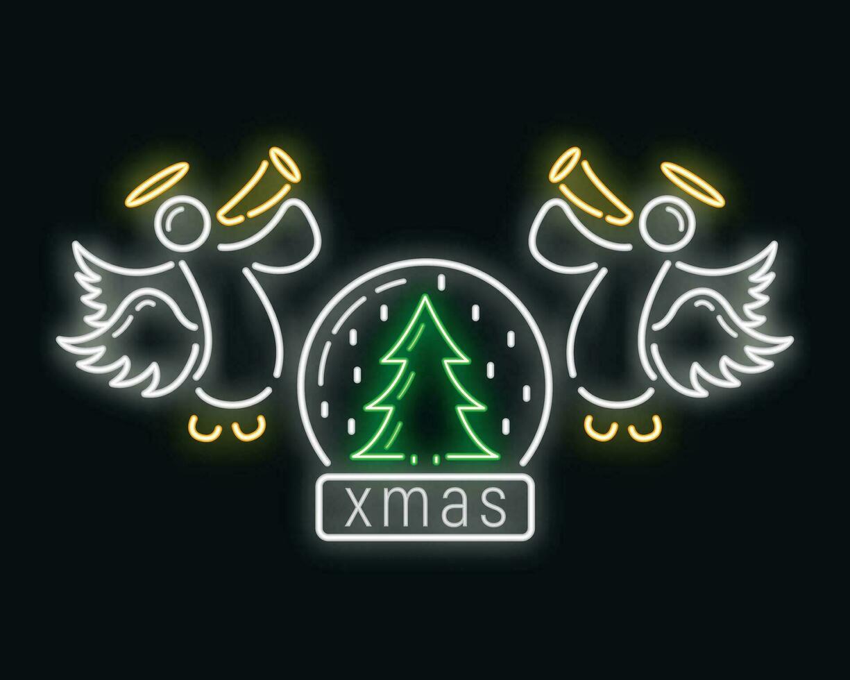 Concept happy new year and merry christmas neon glow style icon, xmas label holiday winter time flat vector illustration, isolated on black.