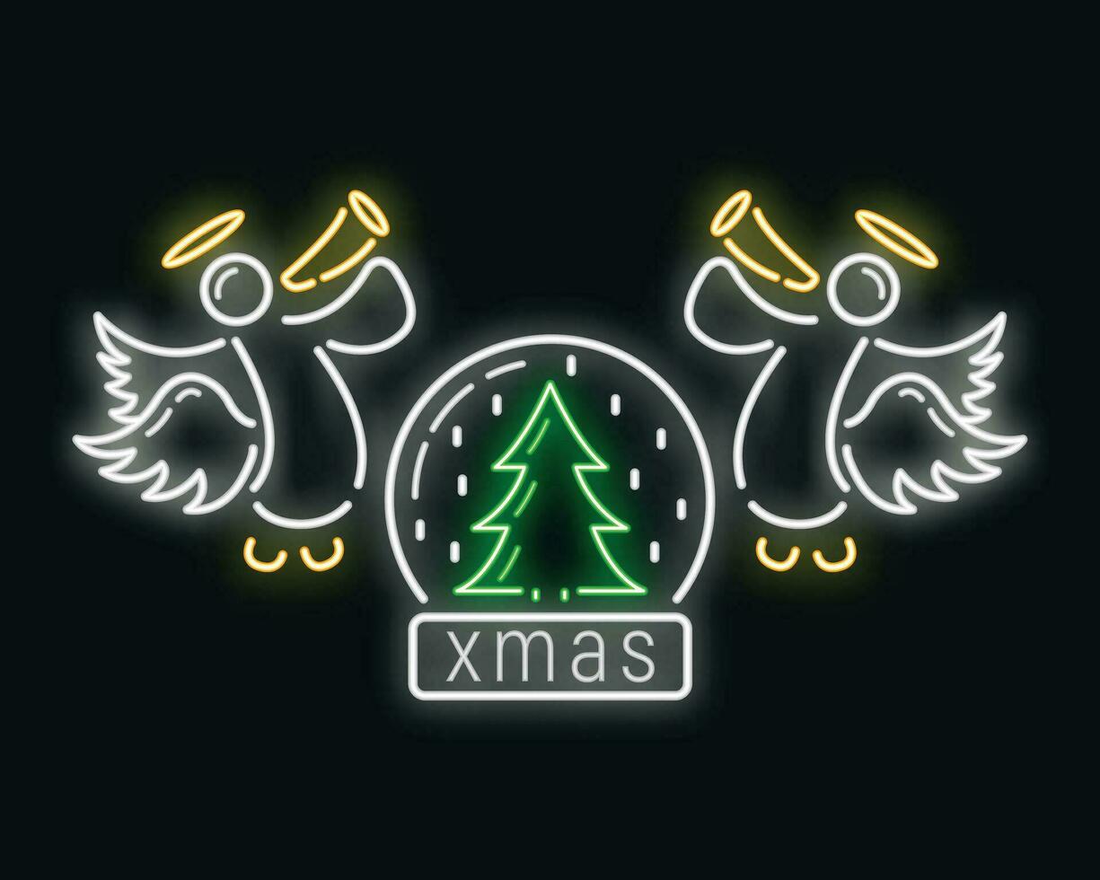 concepto contento nuevo año y alegre Navidad neón resplandor estilo icono, Navidad etiqueta fiesta invierno hora plano vector ilustración, aislado en negro.