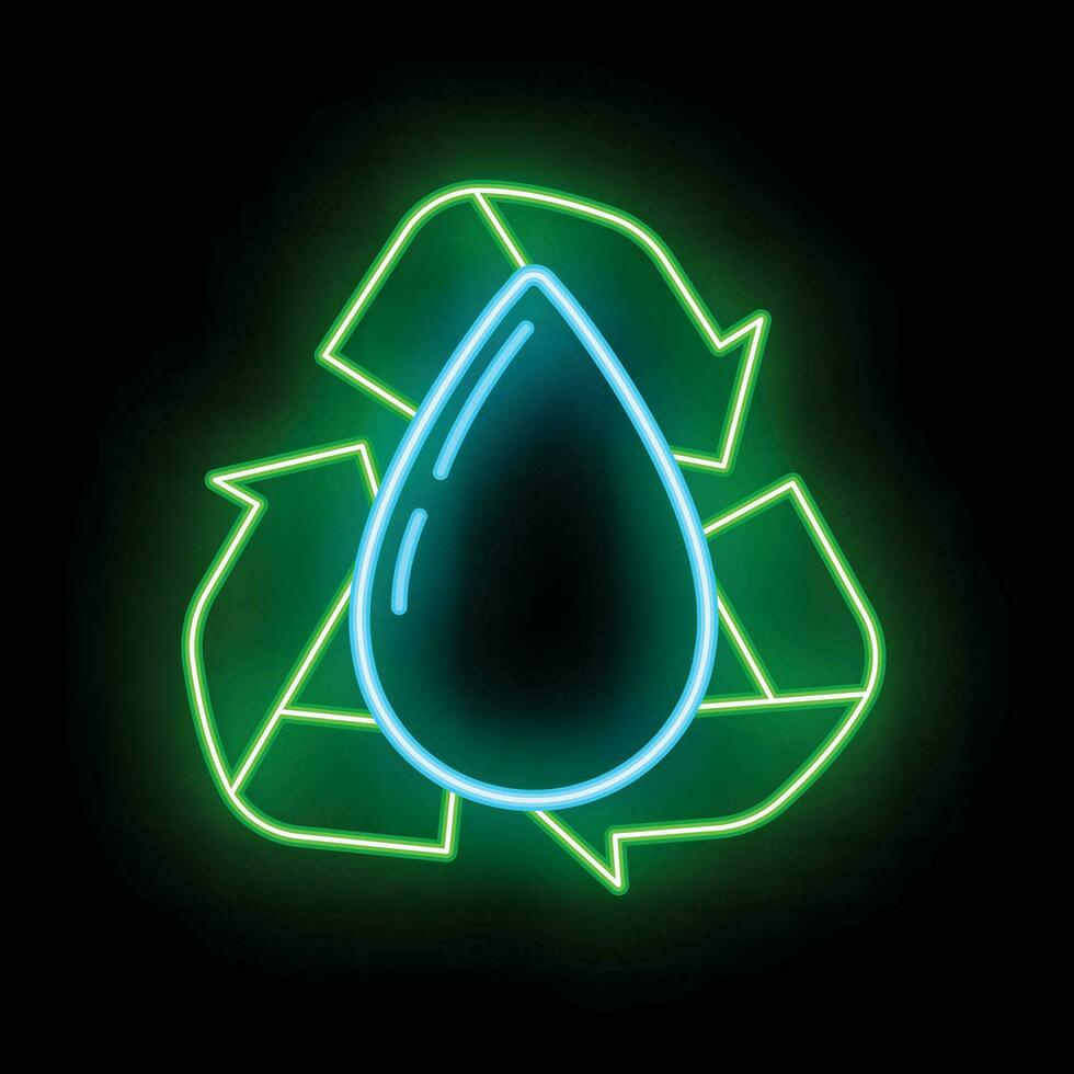 eco simpático alternativa energía fuente y residuos reciclaje icono, concepto verde eco tierra resplandor neón plano vector ilustración, aislado en negro.